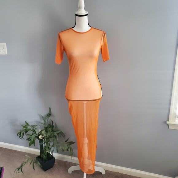 Pretty Little Thing Short Sleeve Cut Out Orange Side Mesh Dress 6 - Picture 1 of 10